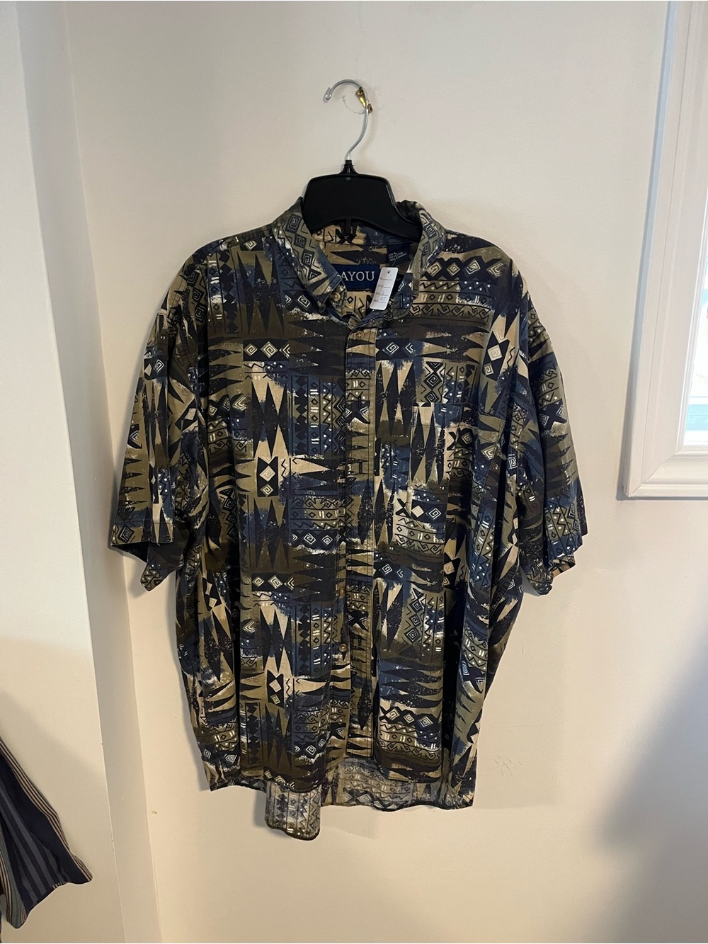 Men’s Vintage Black & Olive Patterned Short-Sleeve Shirt Size Large
